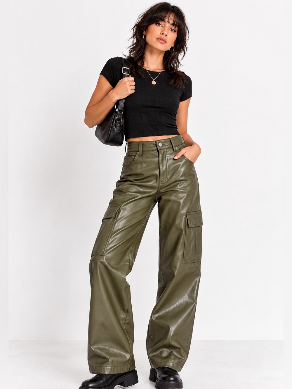 Abercrombie 90s Relaxed Olive Faux Leather Cargo Pants 24 00S